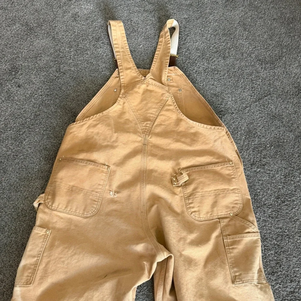 Vintage 1990 USA Carhartt Men Duck Bib Double Logger R01 Brown 44x30 Distressed